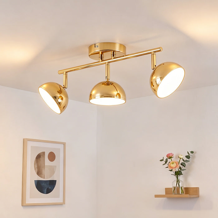 LVWIT Luminaire Plafonnier LED 3 Spots Doré, Spots de Plafond Abat-jour Hémisphérique, Luminaires Intérieur Socle Linéaire Avec ampoule GX53, Convient au Couloir, Cuisine, Chambre
