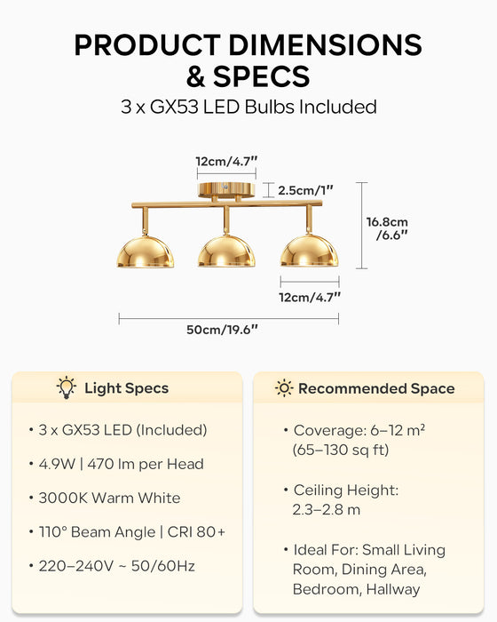 LVWIT Luminaire Plafonnier LED 3 Spots Doré, Spots de Plafond Abat-jour Hémisphérique, Luminaires Intérieur Socle Linéaire Avec ampoule GX53, Convient au Couloir, Cuisine, Chambre