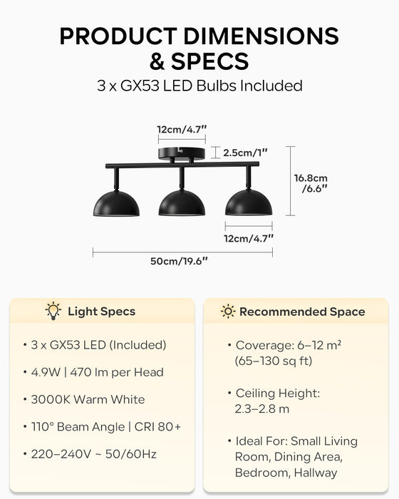 LVWIT Luminaire Plafonnier LED 3 Spots Noir, Spots de Plafond Abat-jour Hémisphérique, Luminaires Intérieur Socle Linéaire Avec ampoule GX53, Convient au Couloir, Cuisine, Chambre