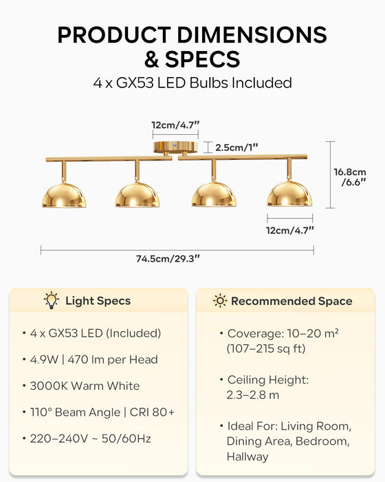 LVWIT Luminaire Plafonnier LED 4 Spots Doré, Spots de Plafond Abat-jour Hémisphérique, Luminaires Intérieur Socle Linéaire Avec ampoule GX53, Convient au Couloir, Cuisine, Chambre