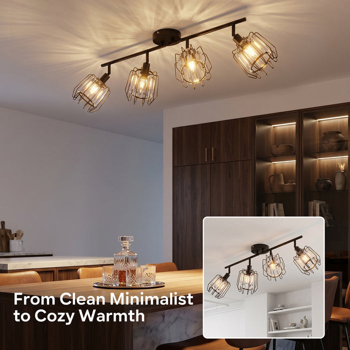 LVWIT Luminaire Plafonnier LED 4 Spots Noir, E14 Spot de Plafond en Cristal, Luminaires Intérieur Orientable, Rampe Spot LED Mural Cuisine, Chambre (Sans Ampoules)
