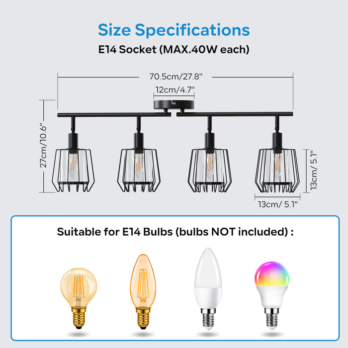 LVWIT Plafonnier LED 4 Spots, E14 Luminaire Intérieur avec Abat-jour en Acrylique, Noir Spot de Plafond Orientable, Plafonnier Cuisine, Chambre, Salon, salle à Manger (Sans Ampoules)