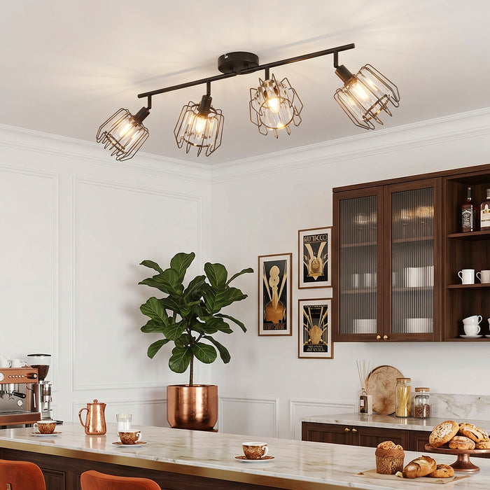 LVWIT Luminaire Plafonnier LED 4 Spots Noir, E14 Spot de Plafond en Cristal, Luminaires Intérieur Orientable, Rampe Spot LED Mural Cuisine, Chambre (Sans Ampoules)