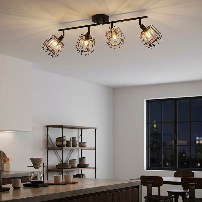 LVWIT Luminaire Plafonnier LED 4 Spots Noir, E14 Spot de Plafond en Cristal, Luminaires Intérieur Orientable, Rampe Spot LED Mural Cuisine, Chambre (Sans Ampoules)