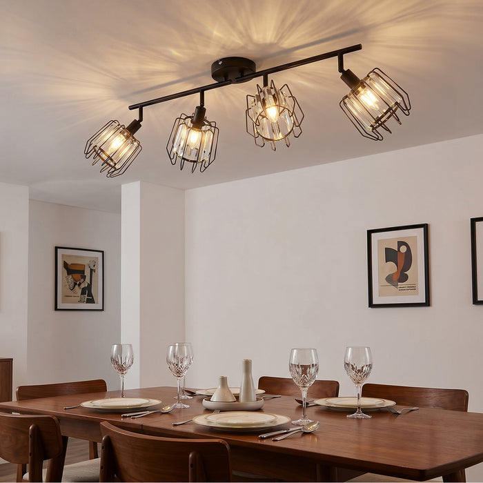 LVWIT Luminaire Plafonnier LED 4 Spots Noir, E14 Spot de Plafond en Cristal, Luminaires Intérieur Orientable, Rampe Spot LED Mural Cuisine, Chambre (Sans Ampoules)