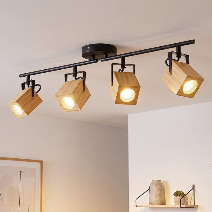LVWIT 4-flammiger Deckenstrahler Massivholz, GU10 Strahler schwenkbar für Esszimmer, Skandinavische Massivholz Deckenlampe, Moderne Beleuchtung für Küche & Flur(Ohne Leuchtmittel)