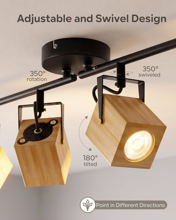 LVWIT Lámpara Techo Con 4 Focos LED Interior, Base GU10, Base negra con pantalla de lámpara de madera, Giratorios Plafón de Techo (Sin Bombillas)