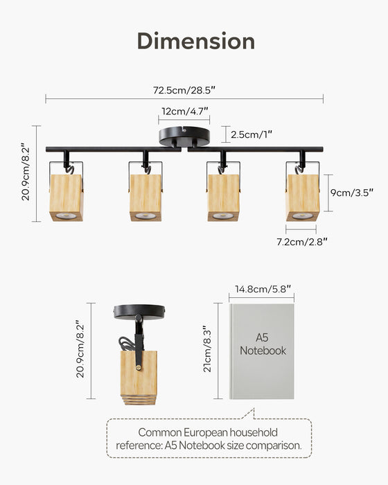LVWIT Lámpara Techo Con 4 Focos LED Interior, Base GU10, Base negra con pantalla de lámpara de madera, Giratorios Plafón de Techo (Sin Bombillas)