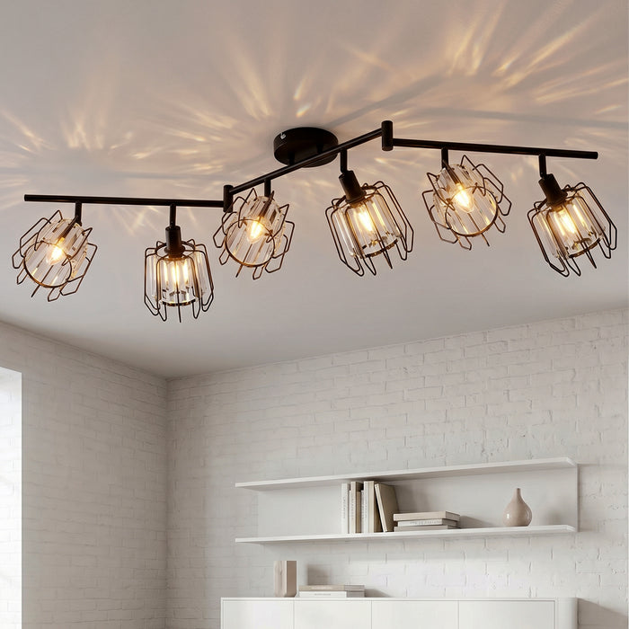 LVWIT Luminaire Plafonnier LED 6 Spots, E14 Luminaires Intérieur Orientable Noir, Spot de Plafond en Cristal, Plafonnier Salon, salle à Manger, Cuisine, Chambre (Sans Ampoules)