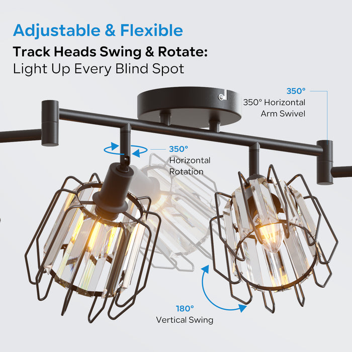 LVWIT Luminaire Plafonnier LED 6 Spots, E14 Luminaires Intérieur Orientable Noir, Spot de Plafond en Cristal, Plafonnier Salon, salle à Manger, Cuisine, Chambre (Sans Ampoules)