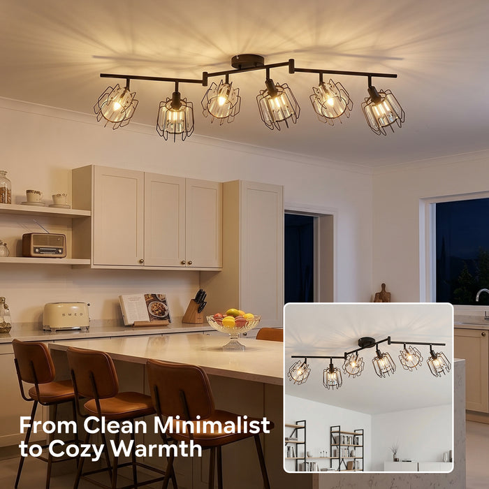 LVWIT Luminaire Plafonnier LED 6 Spots, E14 Luminaires Intérieur Orientable Noir, Spot de Plafond en Cristal, Plafonnier Salon, salle à Manger, Cuisine, Chambre (Sans Ampoules)