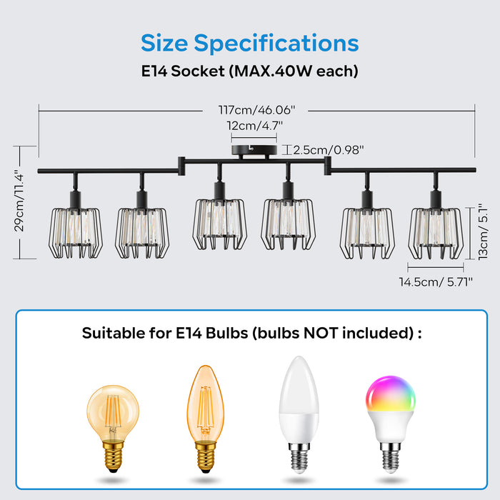 LVWIT Luminaire Plafonnier LED 6 Spots, E14 Luminaires Intérieur Orientable Noir, Spot de Plafond en Cristal, Plafonnier Salon, salle à Manger, Cuisine, Chambre (Sans Ampoules)