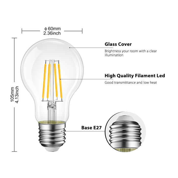 Lampadine di Filamento a LED, 7.5W Equivalenti a 75W, 1055LM, 2700K Bianco Caldo, Attacco E27, Stile Vintage Retrò, Non Dimmerabile, Confezione da 6 Pezzi