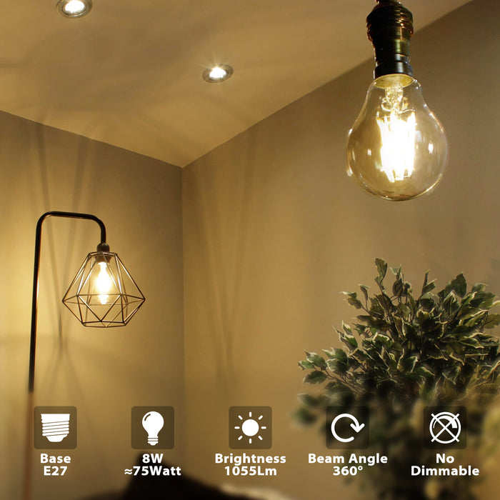 Lampadine di Filamento a LED, 7.5W Equivalenti a 75W, 1055LM, 2700K Bianco Caldo, Attacco E27, Stile Vintage Retrò, Non Dimmerabile, Confezione da 6 Pezzi