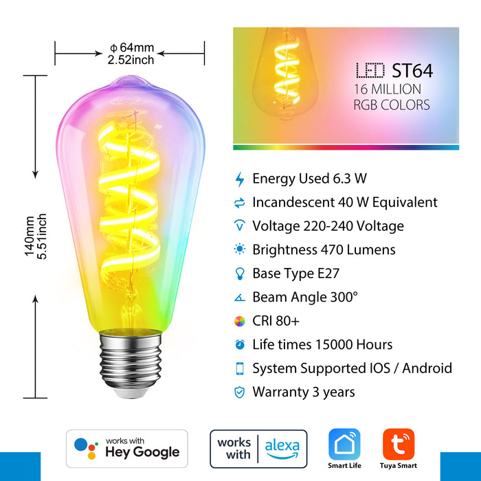LVWIT E27 Smart Filament Bulb,Alexa Dimmable LED Color Changing Light Bulb,ST64 E27 WiFi RGB Smart Bulb,Compatible with Alexa,Echo and Google Assistant Including Remote Control (3 PCS)