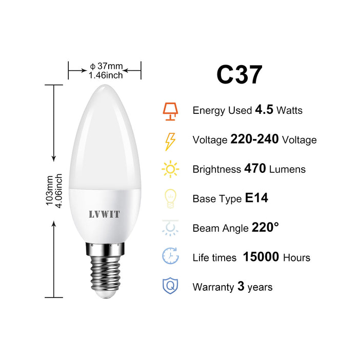 LVWIT Lampadina a LED E14 Candela, 4.9W Equivalenti a 40W, 6500K, Luce Bianca Fredda, 470Lm, Forma Candela C37, Risparmio Energetico, Non Dimmerabile, Pacco da 6 Pezzi