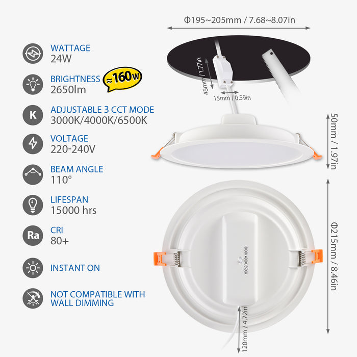 LVWIT Downlights for Ceiling,24W Led Recessed Downlight Ceiling,Round Panel Light,Dimmable Led Spot Lights,2650LM,3000K,4000K,6500K,Spotlights Ceiling Lights for Bathroom Kitchen Living Room(4 PCS）