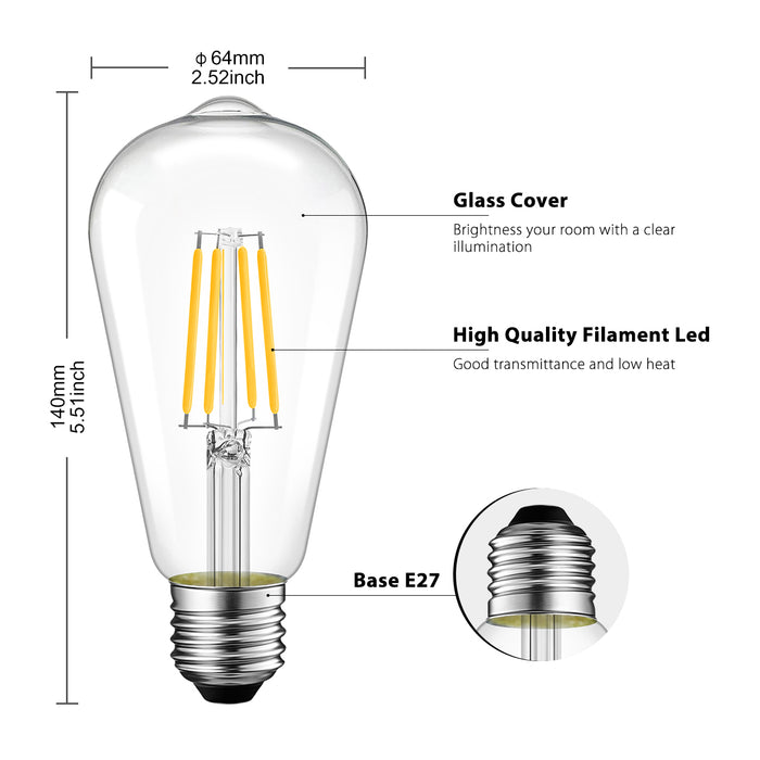 LVWIT Lampadine LED E27 Luce Calda 2700K, Lampadine Vintage E27, Lampadina Filamento ST64 Edison 11W Equivalenti a 100W, 1521 Lumen, Lampadina E27 Vintage, Risparmio Energetico,Non Dimmerabile, Pacco da 6 Unità