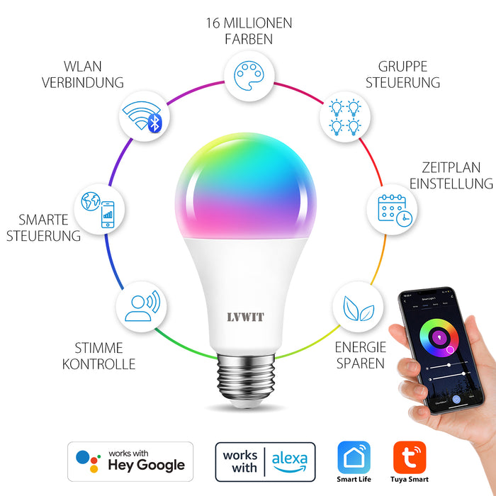 E27 LED WiFi Smart Lampe, A70 1521Lm 2er Pack