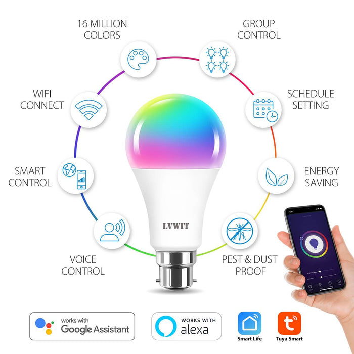 LVWIT 12W Ampoule LED RGB Intelligente WiFi B22 Variable Multicolore, Compatible avec Tuya App et Smart Life, Compatible avec Alexa Echo Dot Google Home Assistant, Pas de Hub requis, 2 Packs