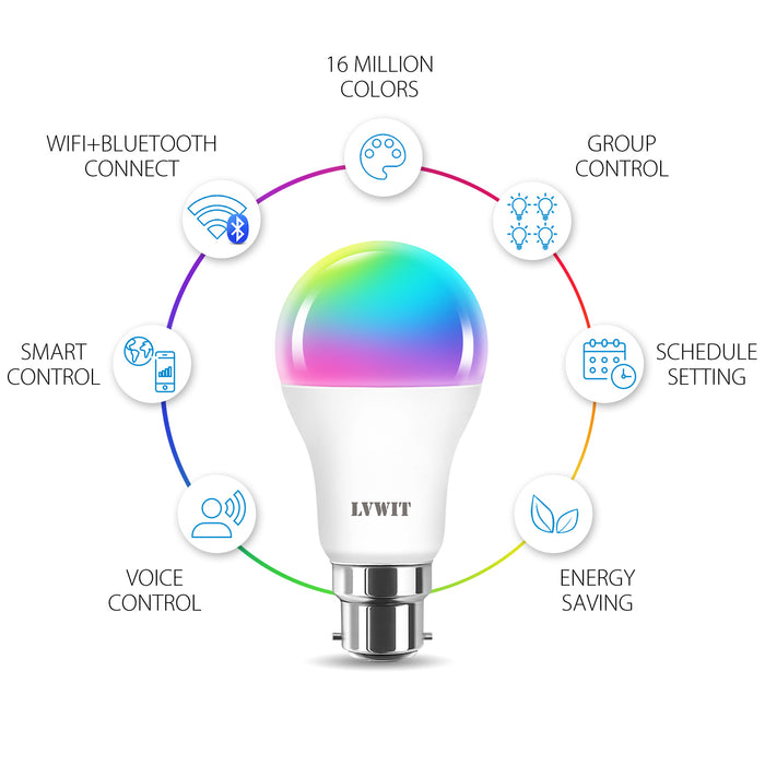 WiFi Bulb B22,1055Lm/806LM , 10W/8.8W Replace 80 /60W, B22 RGB Bulbs Smart Life Bulbs