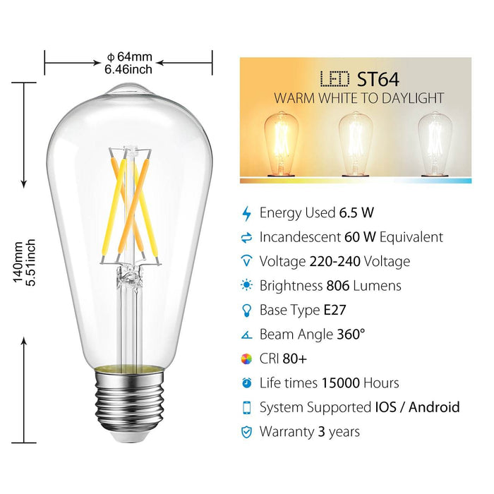 E27 Inteligente WiFi LED Bombillas ST64 806Lm