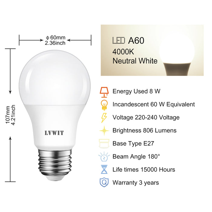 LVWIT Lampadina a LED E27, Forma A60, 8W Equivalenti a 60W, Luce Bianca Naturale 4000K, 806Lm, Consumo Basso, Risparmio Energetico, Pacco da 6 Pezzi