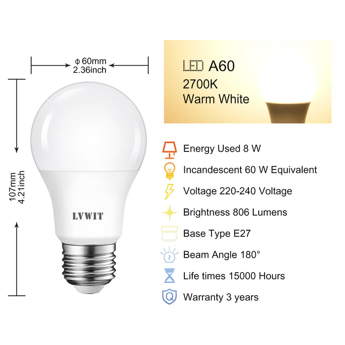 LVWIT Lampadina LED E27 8W, Equivalenti a 60W, Luce Bianca Calda 2700K, 806Lm, Consumo Basso, Risparmio Energetico, Non Dimmerabile, Pacco da 6
