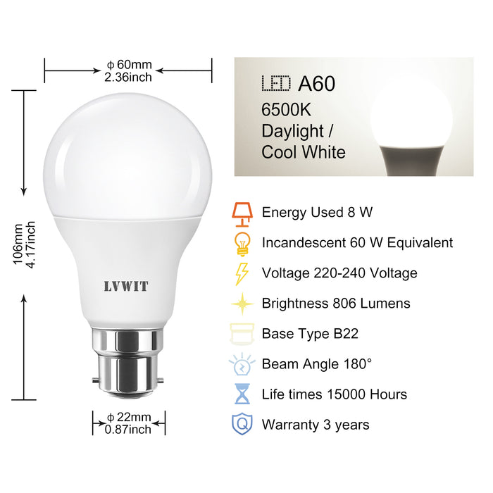 B22 LED Lampadina, 806Lm A60 6 Pezzi 6500K