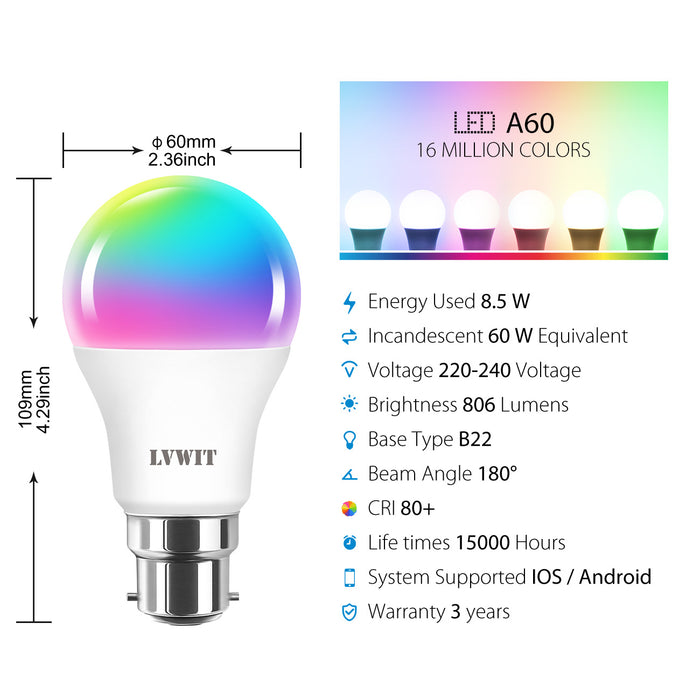 WiFi Bulb B22,1055Lm/806LM , 10W/8.8W Replace 80 /60W, B22 RGB Bulbs Smart Life Bulbs