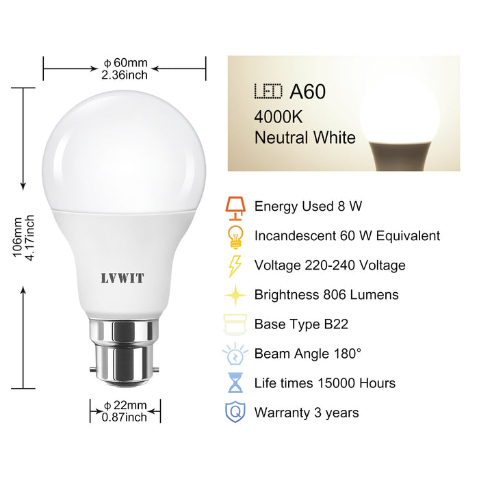 B22 LED Glühbirnen, 806Lm A60 4000K