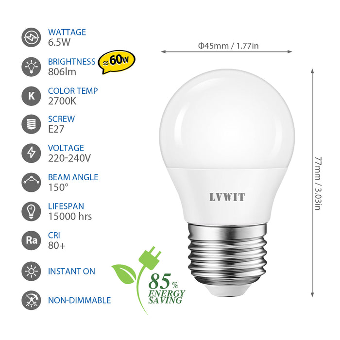 LVWIT 4.5W Ampoules LED E27 G45, Equivalente à Ampoule Incandescence 40W, 470Lm 6500K Blanc Froid, Non-Dimmable, Lot de 6