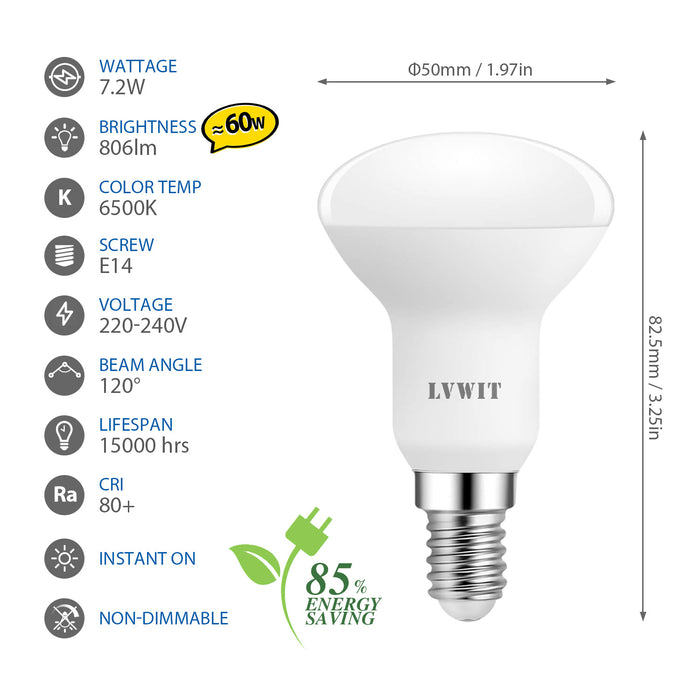 r50, 7.2W R50 Reflector Bulb 60W Incandescent E14 Bulb, 806LM,2700K /6500K