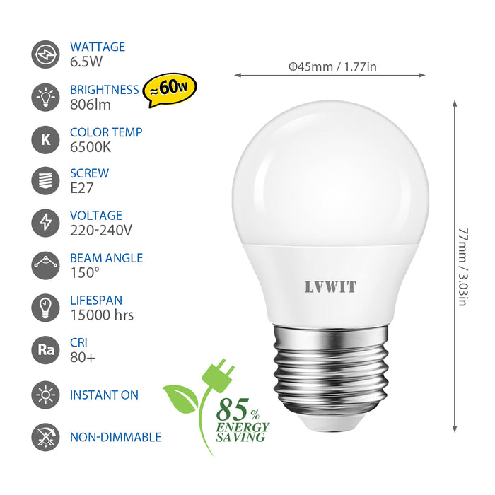 E27 LED Lampadina 6500K, G45 806Lm