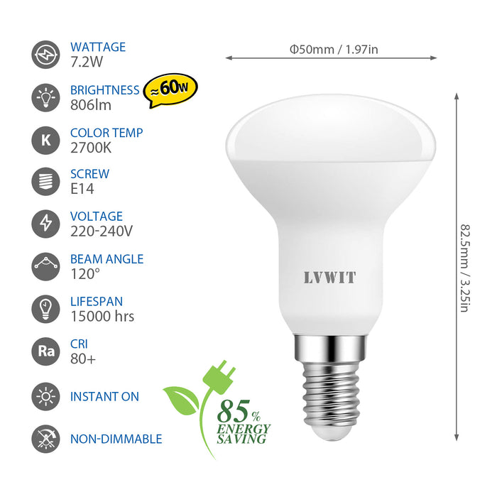 r50, 7.2W R50 Reflector Bulb 60W Incandescent E14 Bulb, 806LM,2700K /6500K