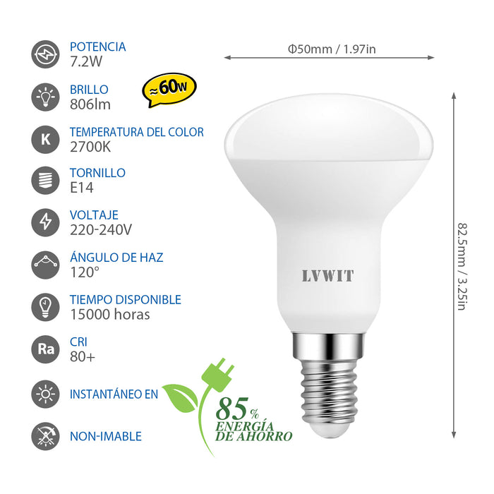 E14 Bombillas LED R50, 7.2W 806LM 2700K