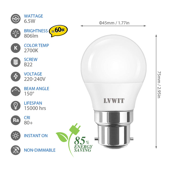 6.5W B22 Golfball LED Light Bulbs,  Bayonet 60W Equivalent, 806Lm,2700K