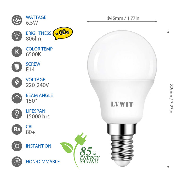 E14 LED Ampoule LED 6500K, P45 806Lm