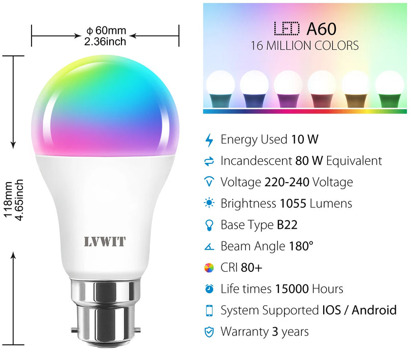 B22 LED WiFi Inteligente Bombillass, A60 806Lm