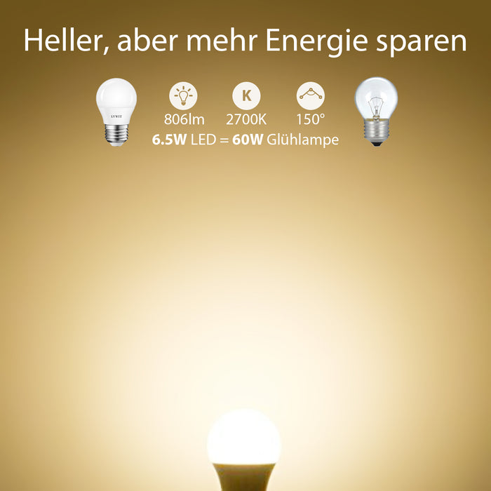 LVWIT E27 LED 6.5W ersetzt 60W Glühlampen G45 2700K [Energieklasse E]