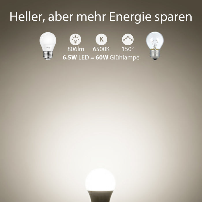 LVWIT E27 LED 6.5W ersetzt 60W Glühlampen G45 6500K [Energieklasse E]