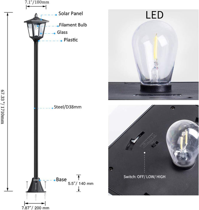 LVWIT 67" Solar Lamp Post Lights Outdoor 50 Lumens, Solar Powered Vintage Street Lights for Garden, Lawn, Pathway, Driveway