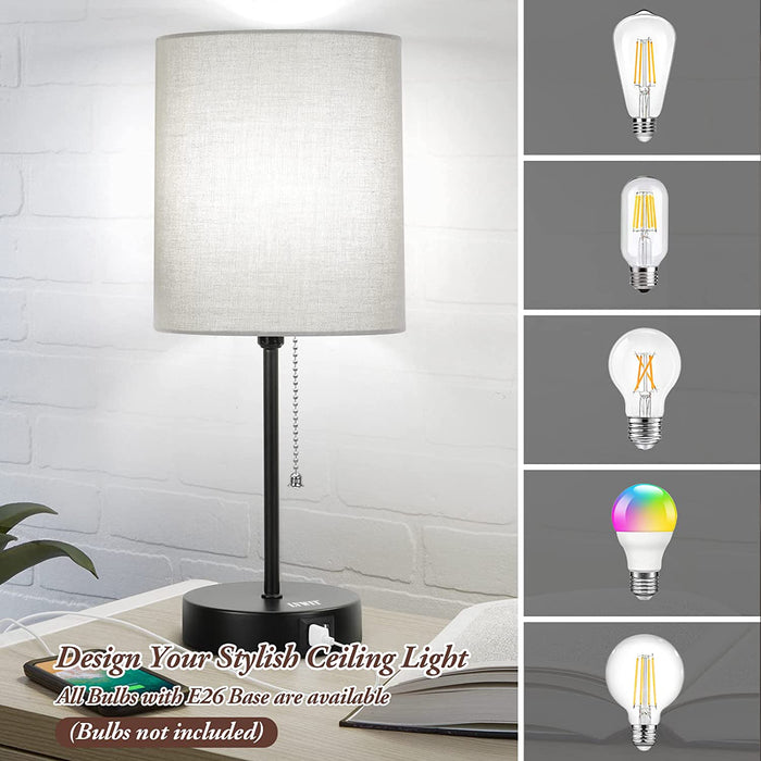 LVWIT Table Lamps Set of 2 with USB Charging Ports, Grey Bedside Lamps with AC Outlet, Nightstand Lamps with Pull Chain Switch, Minimalist Modern Desk Lamps with Fabric Shade for Living Room Bedroom Office