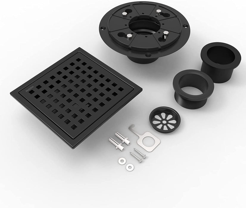 LVWIT 6 Inch Square Shower Floor Drain with Flange,Quadrato Pattern Grate Removable,Food-Grade SUS 304 Stainless Steel,Black