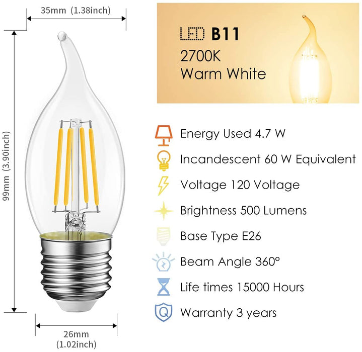 LVWIT E26 Flame Tip LED Light Bulbs, 500Lm B11