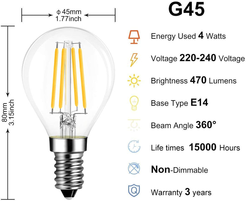 LVWIT 12X Lampadina Filamento LED E14, 4W Equivalenti a 40W, 470Lm, Luce Bianca Calda 2700K, Mini Globo G45, Non Dimmerabile.