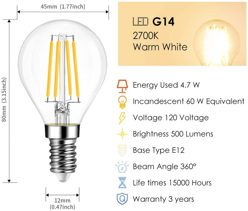 E12 LED Globe Bulbs, 500Lm G14