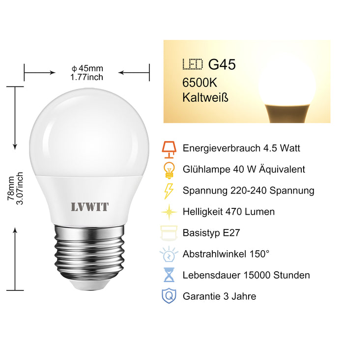 E27 LED Glühbirnen, G45 470Lm 6500K