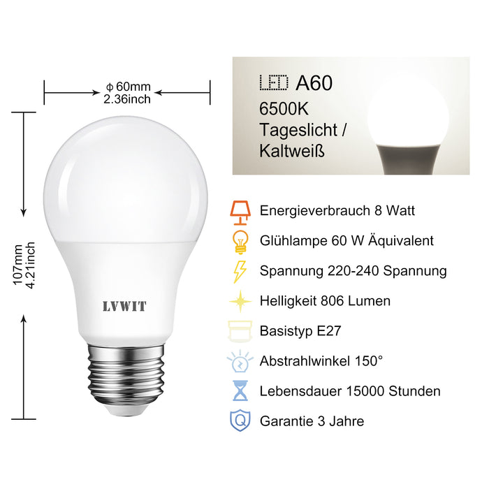 E27 LED Glühbirnen, 806 Lm A60 6500K