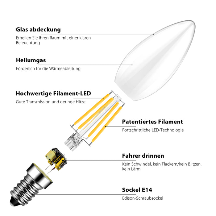 E14 LED Filament Kerzenlampe für Kronleuchter 470LM 6500K